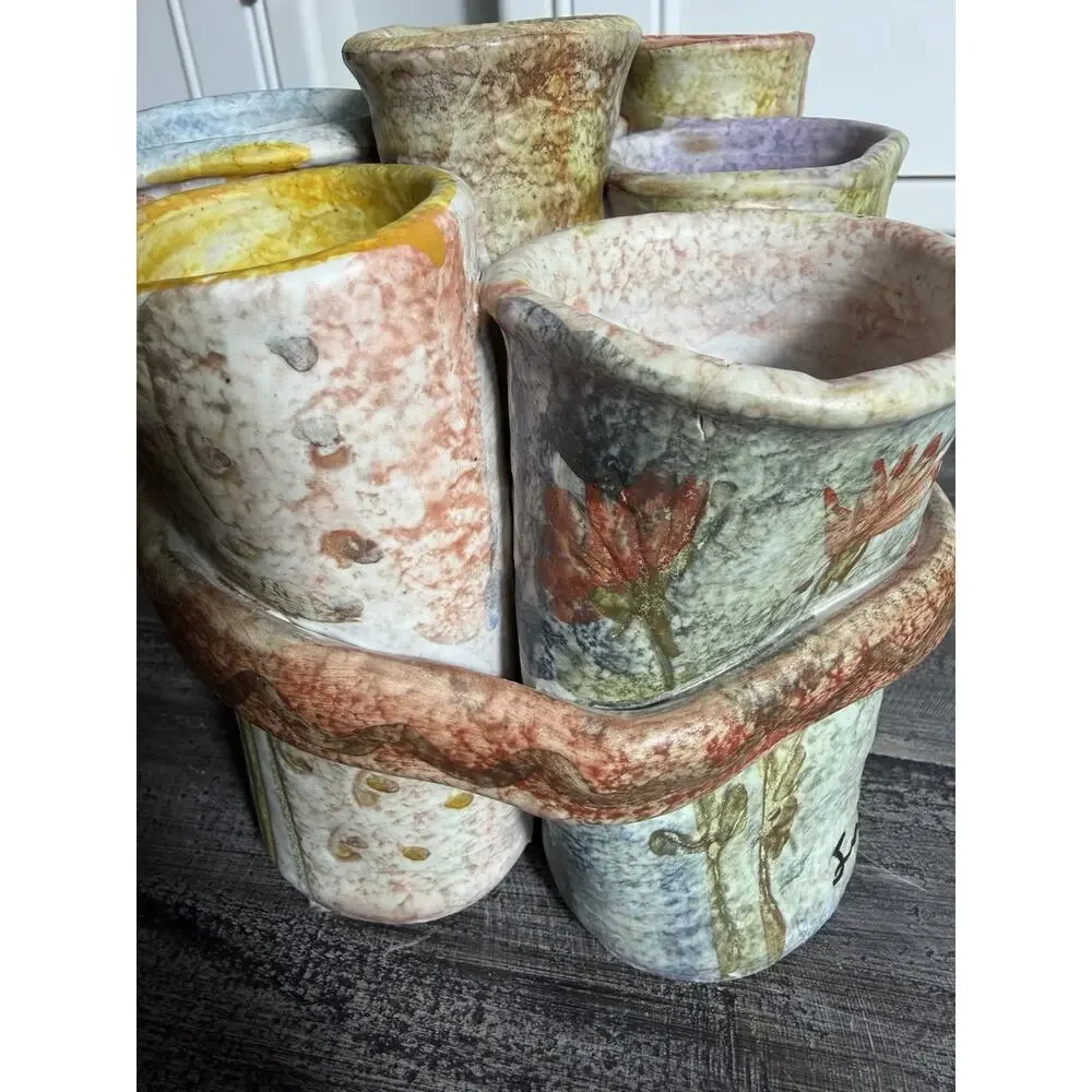 Handmade Studio Pottery Multi Vase Cluster Bud Vase Holder‎ Rustic Art Decor